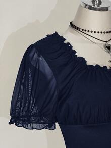 SHEIN ICON Plus Size Square Neck Ruffle Trim Mesh Puff Sleeve T-Shirt, Sweet Summer T-Shirt, Summer Vacation Dark Blue Top - Navy Blue - View 4