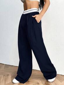 SHEIN EZwear 秋冬女士时尚休闲海军蓝撞色口袋宽松长裤 - 藏蓝色 - 查看 3