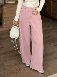 DAZY Quần jeans ống rộng thêu hình trái tim, dáng rộng, thoải mái, size lớn dành cho nữ, phù hợp với mọi mùa - Hồng - Xem 3