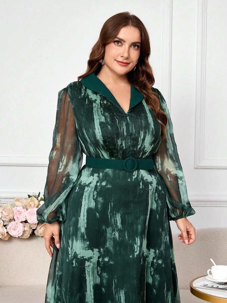 Modelyn Vestido elegante de manga farol con malla efecto tie-dye para mujer de talla grande, lujoso y elegante