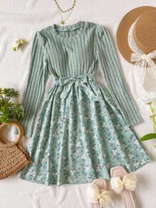 Vestido casual para meninas adolescentes com patchwork floral e bainha redonda, manga comprida