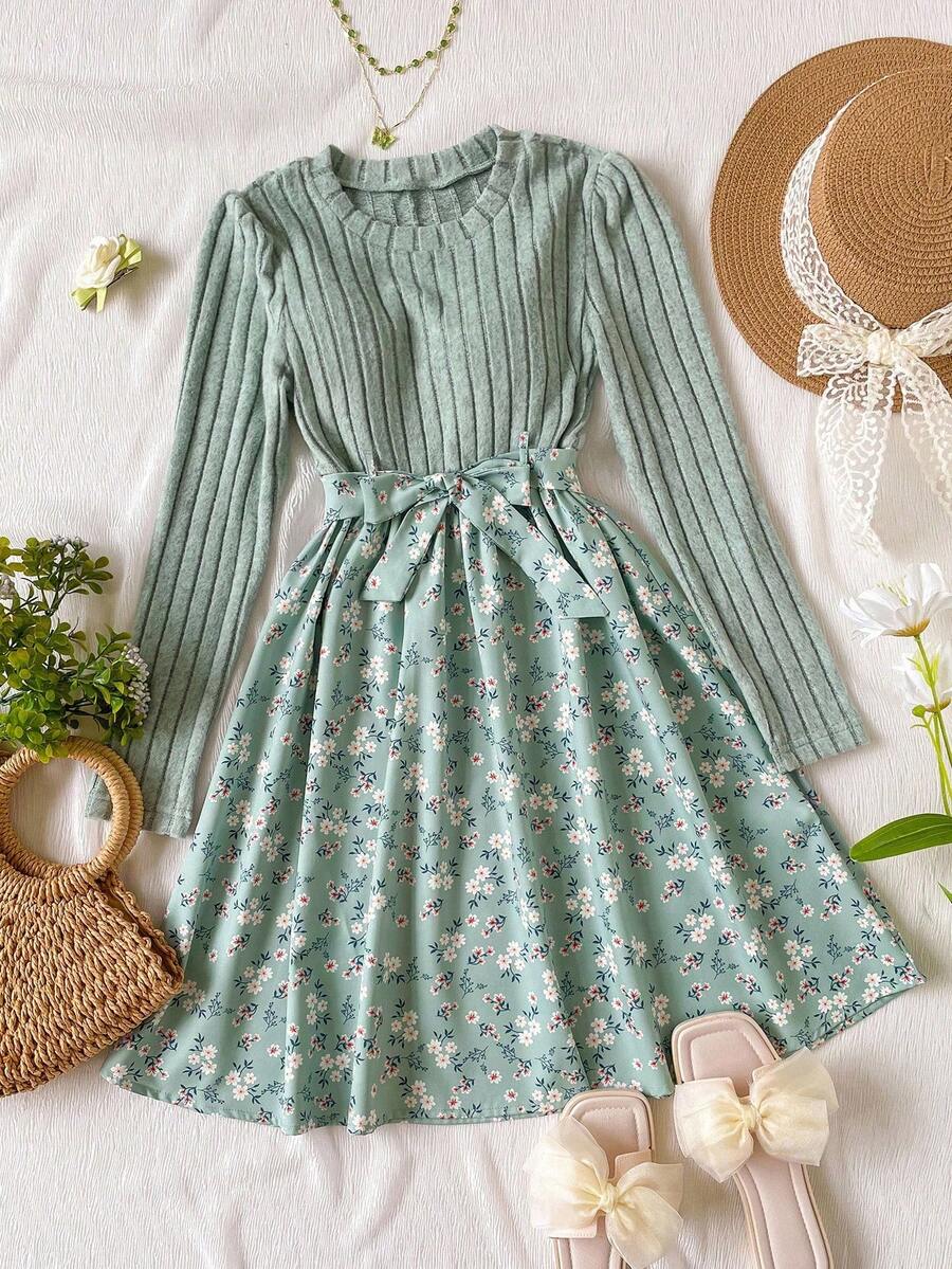 Vestido casual para meninas adolescentes com patchwork floral e bainha redonda, manga comprida