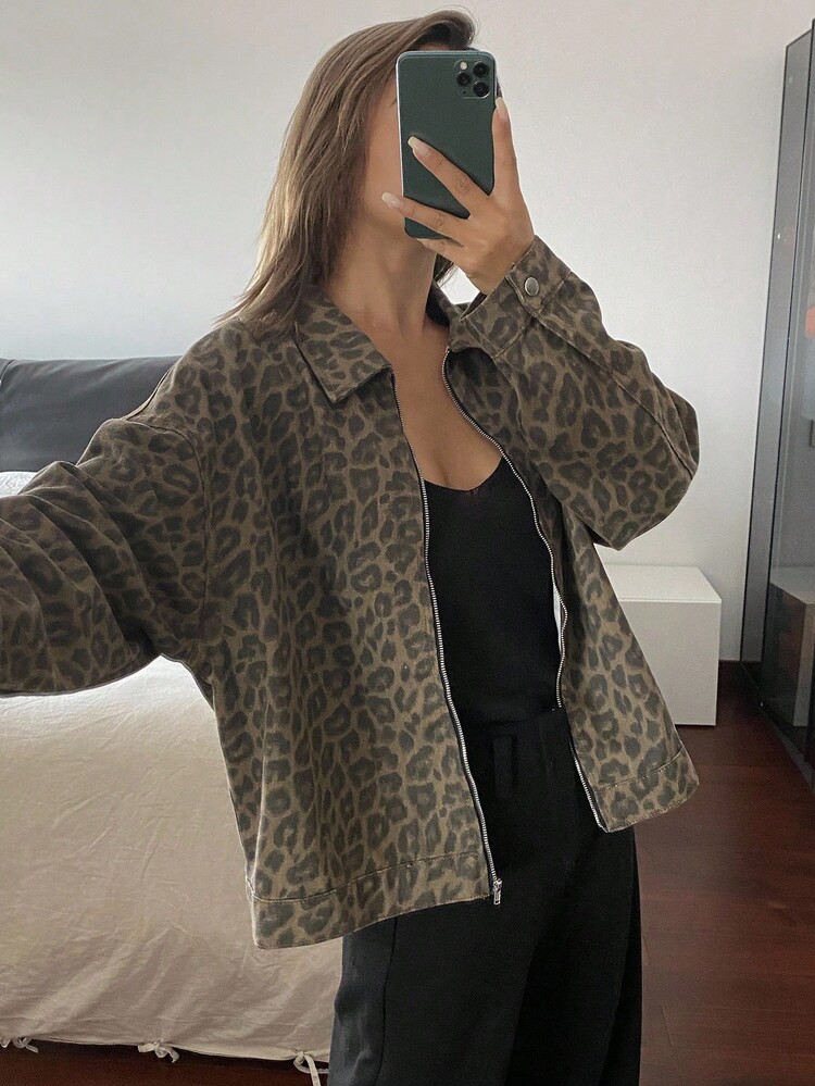 Livesso Veste en jean décontractée ample à imprimé léopard pour femmes, automne/hiver