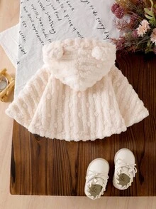 SHEIN Vintaside Kids 女童可爱熊耳朵连帽无袖夹克，蓬松舒适纽扣斗篷卡通趣味儿童外套，冬季