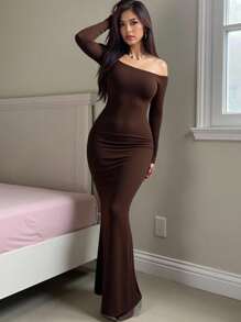 INAWLY Solva Women's Solid Color Off Shoulder Long Sleeve Slim Fit Long Dress Fall Cloth For Women