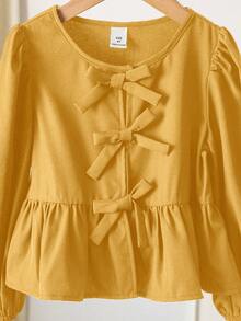 SHEIN LMoss Kids 年轻女孩纯色前系带长袖简约休闲衬衫 - 黃色 - 查看 6