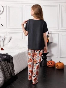 SHEIN 2 Peças Conjunto de Pijama Feminino com Estampa de Elementos de Halloween, Top de Manga Curta e Calça Longa em Malha - Preto - Visão 2