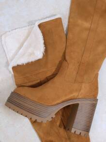 SHUZIA Fuzzy Trim Chunky Heeled Boots - Camel - View 2