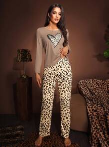SHEIN 女士休闲豹纹爱心图案长袖睡衣套装，秋冬服装 - 摩卡棕 - 查看 3