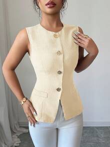 Elenzga 时尚无袖收腰黑色夹克，金色纽扣装饰，适合春夏季日常穿着