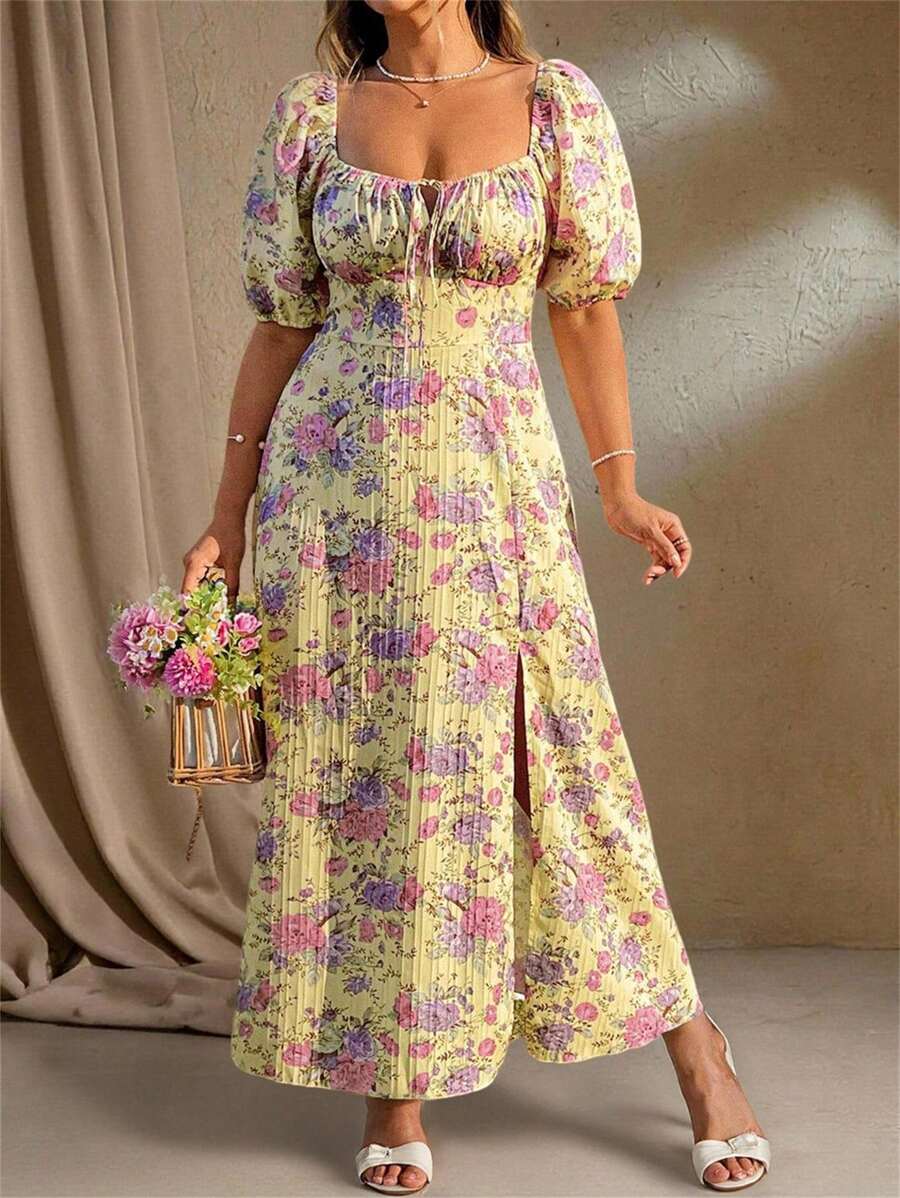 Flirla Plus Size Boho Simple Casual Floral Print Everyday Dress, For Summer - Yellow - View 1