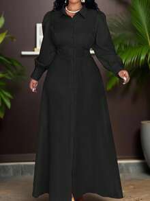 Veslaya 大码女装纯色泡泡袖单排扣休闲通勤连衣裙黑色长款连衣裙长袖连衣裙黑色纽扣连衣裙灯笼袖连衣裙黑色连衣裙女装/秋冬 - 黑色 - 查看 11