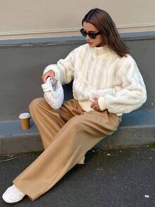 DAZY 女士立领罗纹拼接宽松下摆仿皮草外套，休闲街头风女式外套 - 米色 - 查看 6