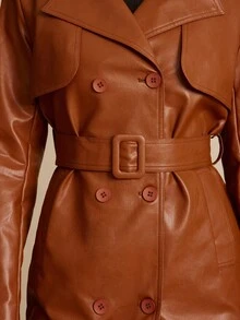 Silquee Áo khoác dạ dài tay giả da trơn hai hàng khuy cho nữ mùa thu/đông - màu nâu - Xem 10