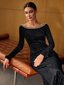 MOTF PREMIUM 仿珍珠饰边修身长裙 - 黑色 - 查看 6