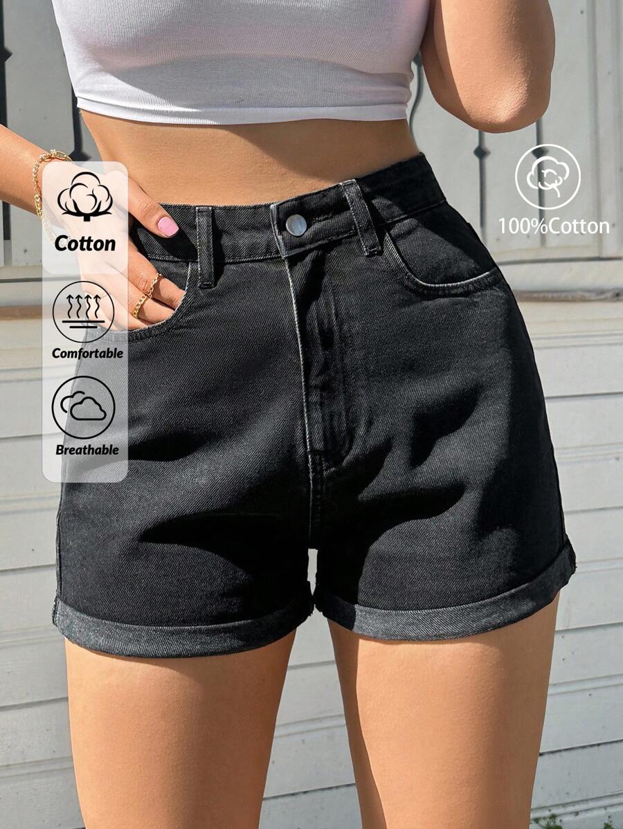 EURMUSE 100%Cotton HIGH WAIST BLACK ROLL UP HEM JEAN SHORT - Black - View 1