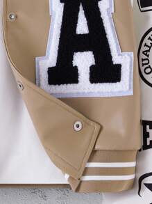 SHEIN Sparklyn Tween Girl PU Patchwork Letter Print Short Bomber Jacket - Khaki - View 5