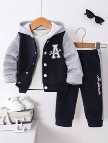 SHEIN 2pcs/Set Baby Boys Navy Blue Autumn Casual Page Boy Back-To-School Outfit,Letter "A" Print Button Sweatshirt Jacket & Colorblock Pants Tracksuit Set - Royal Blue - View 3