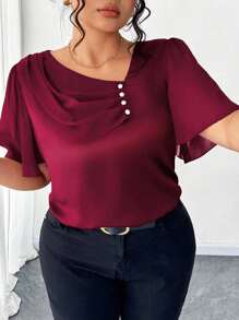 SHEIN Elenzya Camisa elegante y casual de manga corta con cuello con volantes asimétrico, decoración con botones y talla grande - Burdeos - Ver 4