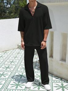 Manfinity Homme Men Solid Drop Shoulder Shirt & Trousers - Black - View 4