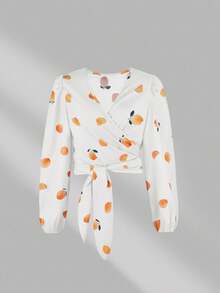 INAWLY Áo cánh tay đèn lồng in họa tiết trái cây giản dị, buộc phía trước, áo dễ thương - Nhiều màu - Xem 4