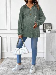 SHEIN 孕妇休闲罗纹连帽长袖运动衫绿色毛衣女士毛衣连帽毛衣女士长款毛衣纽扣毛衣 - 橄欖綠 - 查看 3