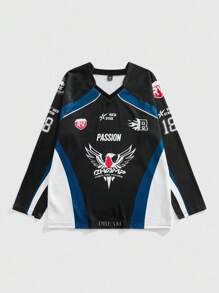 ROMWE MEN Prep Men's Contrast Color Patchwork Letter Print Retro Long Sleeve T-Shirt Jersey - Black - View 1