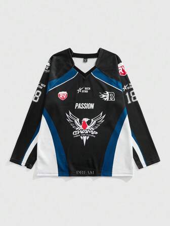 Prep Herren Kontrast-Farbblock Patchwork Buchstaben-Muster Retro Langarm T-Shirt