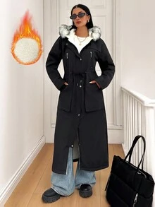 EURMUSE Solid Color, Warm Teddy, Contrast Faux Fur, Drawstring Waist, Long Winter Coat - Black - View 1