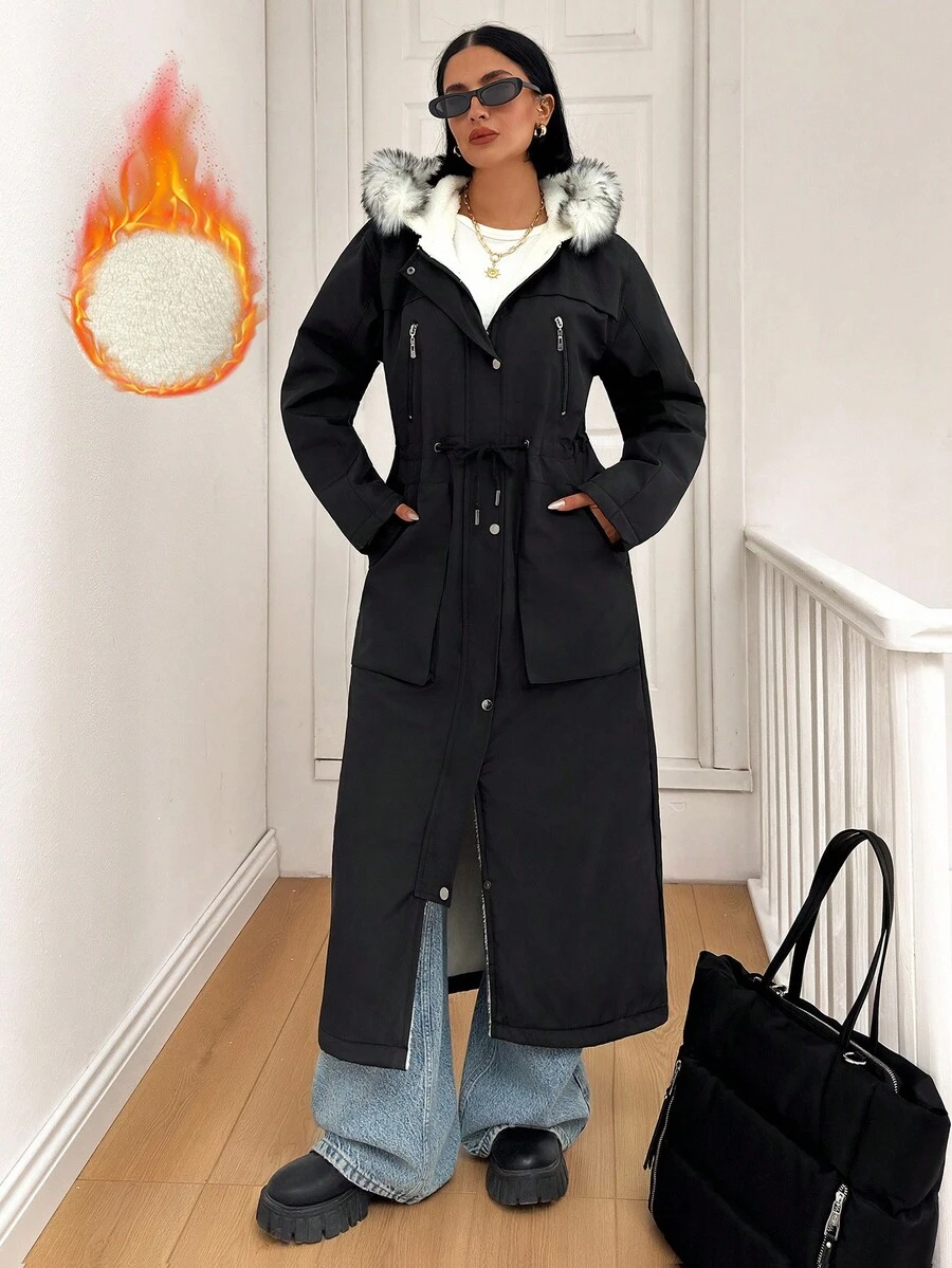 EURMUSE Solid Color, Warm Teddy, Contrast Faux Fur, Drawstring Waist, Long Winter Coat - Black - View 1