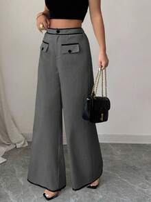 Elenzga Bohemian Contrast Ribbon Button Mature Charm Elegant Loose Wide Leg Maxi Women Pants, Spring/Summer Fall Cloth For Women
