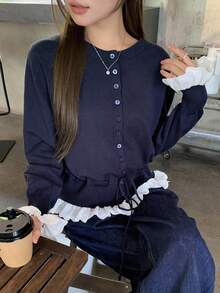 DAZY 女款拼布撞色荷叶边拼接长袖圆领抽绳系带休闲毛衣，秋冬