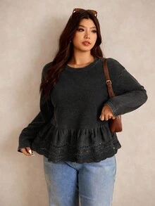Elaquor Kaos Longgar Lengan Panjang Kasual Wanita Ukuran Besar dengan Hiasan Ruffle dan Patchwork, Musim Gugur - Hitam - View 2