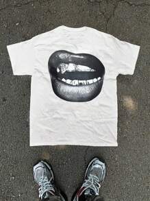 Manfinity BRENVOR 1 件男士 Y2K 服装趣味休闲超大高街复古风格创意嘴唇天使麦当娜油画印花白色针织 T 恤