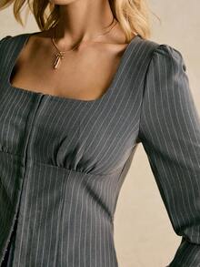 Poéselle Camisa casual de manga larga con botones y cuello cuadrado a rayas para mujer, otoño - Gris - Ver 7
