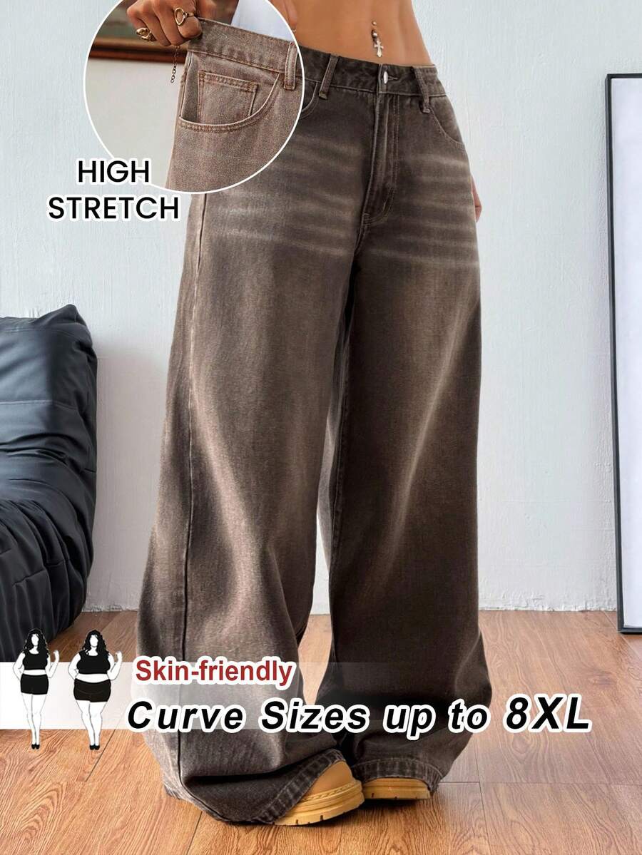 SHEIN CURVE+ 大码女式秋季卡其色渐变牛仔口袋阔腿宽松休闲百搭牛仔裤，秋季女装，女士商务休闲装，工装牛仔裤，返校装 - 咖啡棕 - 查看 1