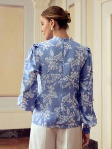 ZEYLAH Floral Print Bubble Sleeve Elegant Shirt With Single-Breasted Design, Vacation Style For Women Fall Cloth For Women - Blue - View 3