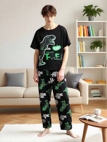 SHEIN 2pcs Teenage Boys Short Sleeve Pajama Set, Lightweight Cool Dinosaur Print, Shirt With Cute Dinosaur & Letter Graphic, Pants With All-Over Dinosaur Print