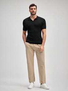 Officeau Polo de punto de manga corta con cuello casual y sólido para hombre, Old Money de primavera a verano - Negro - Ver 4