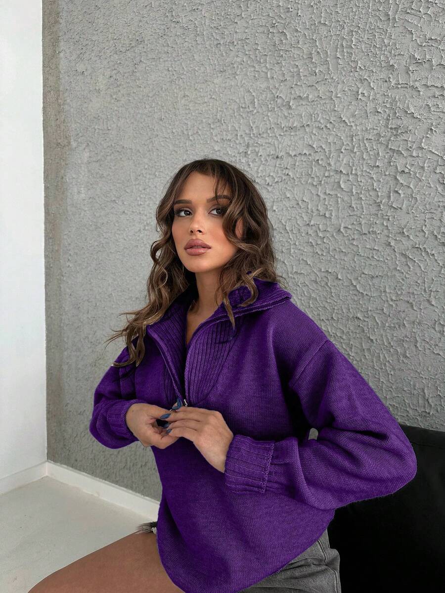 EURMUSE Women's Solid Color Zip-Up V-Neck Casual Sweater, Long Sleeve, Autumn/Winter - Purple - View 1
