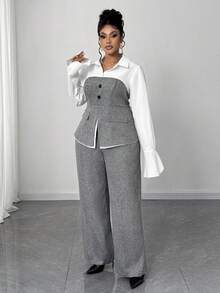 Maweii Plus Size Women 2 Pieces Set: Contrast Color Long Sleeve Shirt Collar Casual Top + Casual Pants Fall Cloth For Women