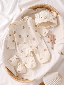 3 Pieces Contton Newborn Apricot Cotton Muslin Fabric Bear Pattern Long Sleeve Romper, Hat And Gloves Set, Home Outfit Fall Winter - Apricot - View 2