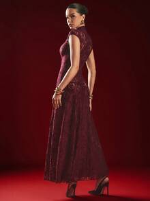 Hauture 蕾丝网眼镂空高开衩长裙 - 性感、万圣节、夜间外出、派对 - 酒紅色 - 查看 5