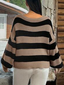SHEIN EZwear 秋冬大码露肩条纹针织套头衫 - 黑色 - 查看 2