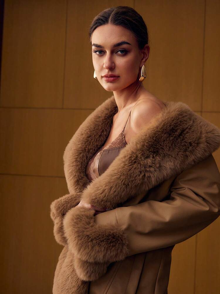 BELTED LONG SLEEVE FAUX FUR COAT