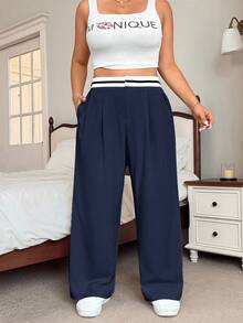 SHEIN EZwear 秋冬海军蓝色撞色口袋休闲大码阔腿裤 - 藏蓝色 - 查看 6