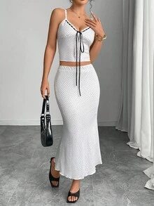 SHEIN ICON 2件套女士波点印花系带吊带背心和半身裙套装 - 白色 - 查看 3