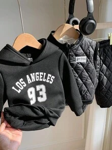 SHEIN 3 Stück/Set Baby Jungen Winter Outfit - Thermisch gefütterter Kapuzenpullover, Sweathose und gepolsterte Weste. Bequemes, vielseitiges, modisches Grundset geeignet für Innen, Außen, Alltag, Sport, Spiel, Party, Festival, Halloween, Weihnachten, Herbst Neujahr