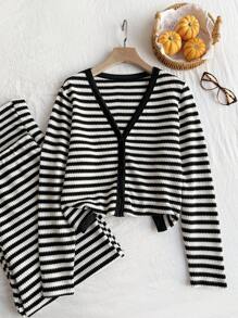 Comfortcana Set de 2 piezas Talla grande Camiseta de manga larga a rayas negras y blancas con pantalón de pierna recta de color contrastante, informal - Blanco y Negro - Ver 3