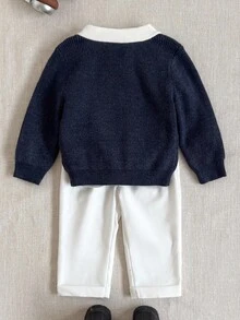 PrepCrw Baby Boys' Colorblock Bear Patch V-Neck Patch-Front Knit Cardigan, Collegiate Style Fall Winter